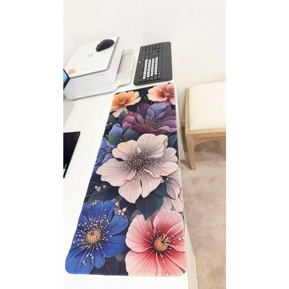 Bold Flower Print Long Mouse Pad Dark Background Anti-Slip Large Desk Mat